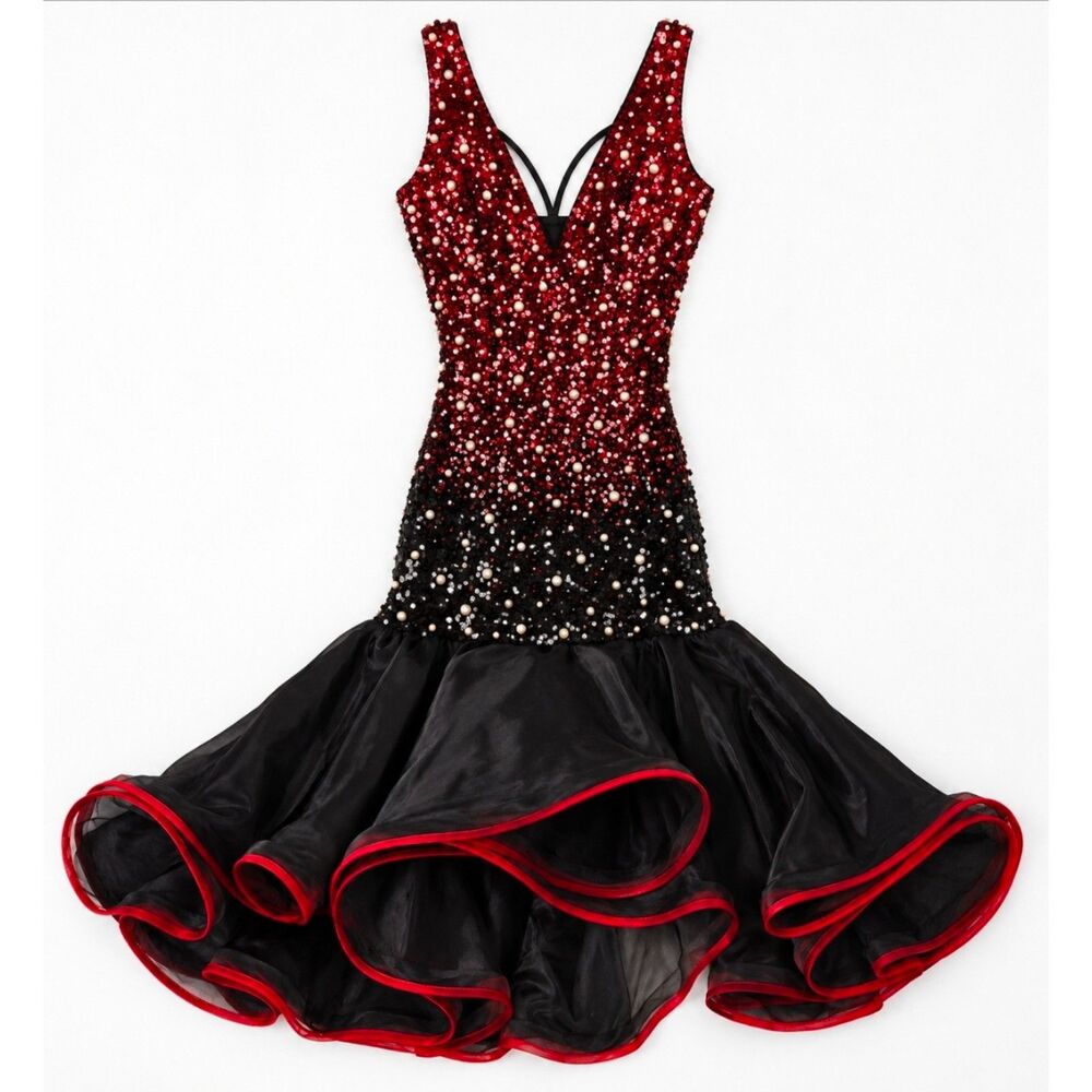 NWT Latin Ballroom Dance Dress Womens S Red Black Sequin Pearl V Neck Performanc